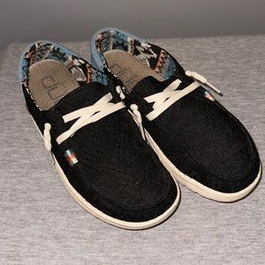 Women’s Hey Dude Shoes size 6. Black and blue with accents.